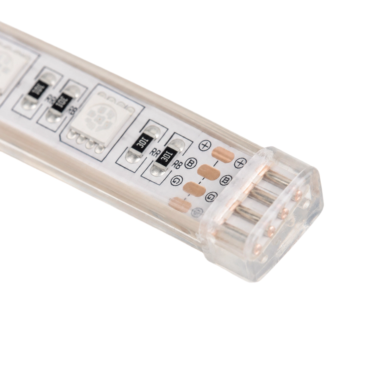 Detail zalitého RGB LED pásku s koncovkou